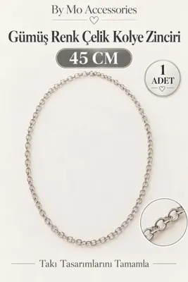 By MO Accessories Gümüş Renk Çelik Oval Halka Kadın Kolye Zinciri 45 cm 1 Adet
