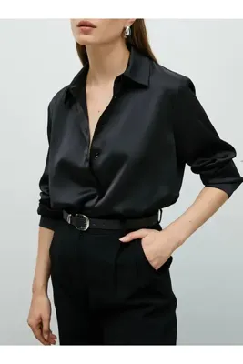 Ruby Wear Kadın Saten Dökümlü Rahat Kalıp Günlük Gömlek