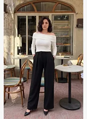 Lela Siyah Pile Detaylı Yüksek Bel Bol Paça Kadın Pantolon 668YP5576