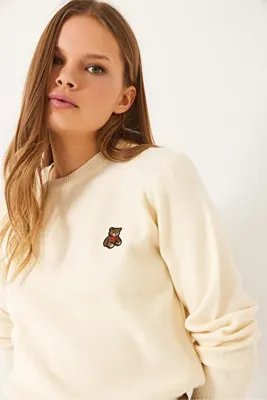 Bianco Lucci Kadın Ekru Teddy Nakışlı Basic Kazak 20247602