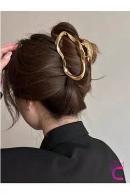 Cinderella Geometrik Tasarım Gold Kadın Metal Mandal Toka 11 cm - Yeni Trend Zarif Mandallı Saç Topuz Tokası