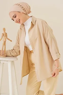 Bigdart 103901 Oversize Basic Tesettür Gömlek - Krem