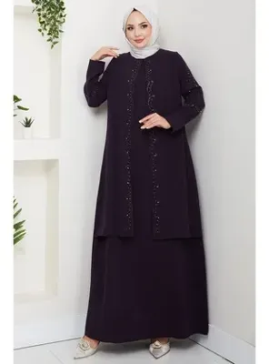 hafsamina Büyük Beden Boncuklu Taşlı Anne Elbisesi Mor HM2693