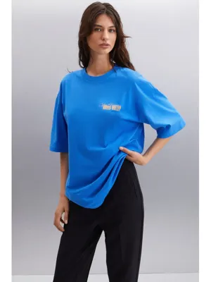 GRIMELANGE GILLIAN Kadın Ön Ve Arka Baskı Detaylı Oversize &100 Organik Pamuklu SAKS T-Shirt
