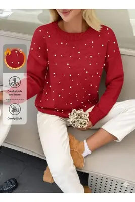 Moda kırmızı boncuklu şık üst