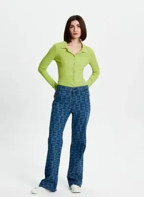 Bassigue Lazer Baskılı Düz Kesim Denim Pantolon