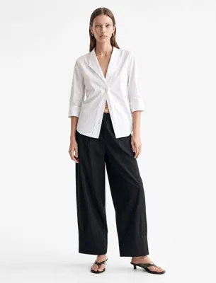 Koton Poplin Kumaş Düğmeli Devrik Yaka 3/4 Kollu Oversize Gömlek