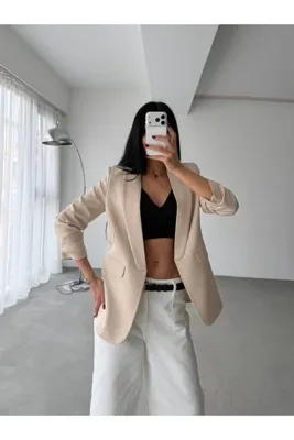 Lunea Womens Kadın Bej Şal Yaka Astarlı Büzgülü Kol Blazer Ceket
