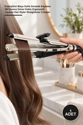 Yenilig 4 Adet 3'Ü 1 Arada Saç Şekillendirici – Düzleştirici Maşa Gofre Seramik Kaplama 360 Derece Döner Kablo Ergonomik Tasarım Hair Styler Straightener Crimper