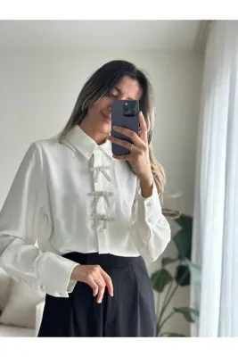 Moda Kadın Taşlı Kurdela Detaylı İnce Krep Gömlek