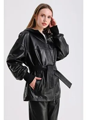 Maroquin Leather Alicia Kadın Kapüşonlu Deri Mont
