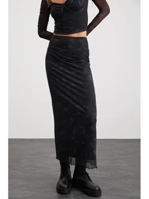 GRIMELANGE BEULAH Kadın Maxi Boy Slim Fit Beli Lastikli Tül Batik Desenli KOYU GRİ Etek