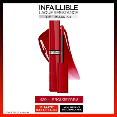 L'Oréal Paris Loreal Paris Infaillible Laque Resistance Likit Parlak Ruj 420 Rouge Paris