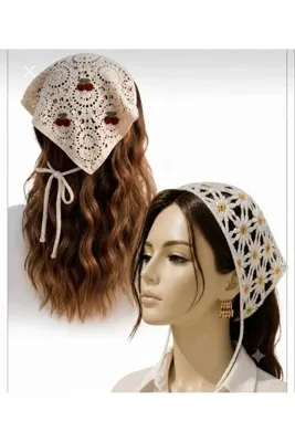 İNCİ ÇEYİZ 2li kombin Vintage Sarı Papatya Bohem Kroşe Kirazlı Çiçek bandana