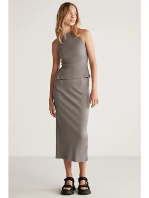 ETHIQUET LAUREN Kadın Slim Fit Fermuar Detaylı Midi Gri Etek 