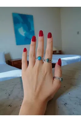 MODA 3'lü Retro Yüzük Seti-Blue Brown