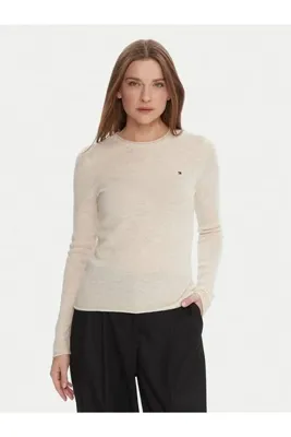 Tommy Hilfiger Kadın Kısa Kol Bisiklet Yaka Çizgili Regular Fit Bej Kazak