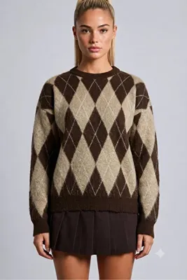 MODASPARK Kahverengi Baklava Desen Bisiklet Yaka Oversize Kadın Triko Kazak
