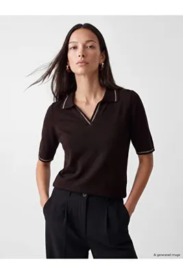 LC Waikiki Kahverengi Polo Yaka Kadın Triko Kazak