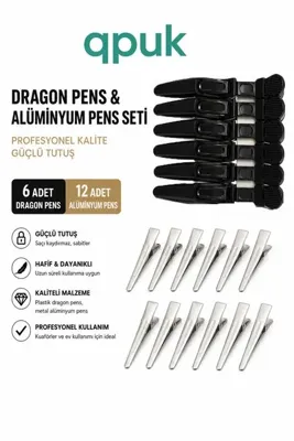 qpuk Profesyonel Kuaför Pens Seti 18 Parça | 6 Adet 11 cm Dragon Pens + 12 Adet 5 cm Alüminyum Saç Pensi | Bölümlendirme ve Fön Pensi
