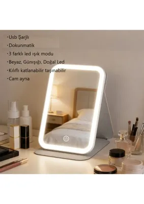 Duffa Şarjlı Katlanabilir LED Makyaj Aynası Taşınabilir Kılıflı Makyaj Aynası Beyaz Günışığı LED Ayna 3 Tonlu Karartma Akıllı Sensör Dokunmatik