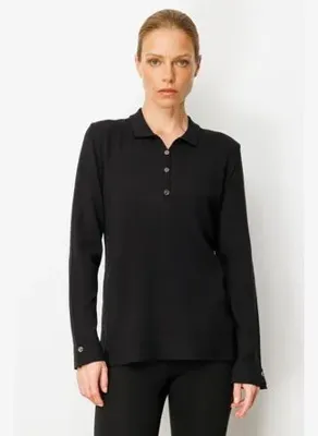 Desen Kadın Polo Yaka Yakası ve Kolu Düğmeli Bluz Siyah