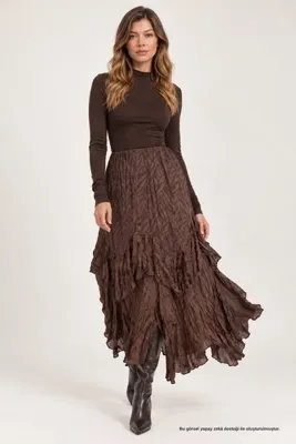 Rhen Store Kahve Asimetrik Volanlı Kırışık Etek