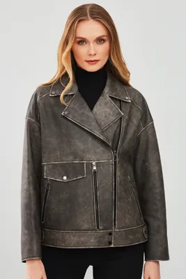 Derimod Delano Kadın Gri Vintage Oversize Biker Deri Ceket