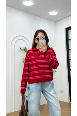 R-Style Düğmeli, Çizgili Triko Kazak