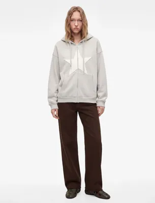 Koton Üç İplik Şardonlu Yıldız İşlemeli Kanguru Cepli Kapüşonlu Fermuarlı Oversize Sweatshirt