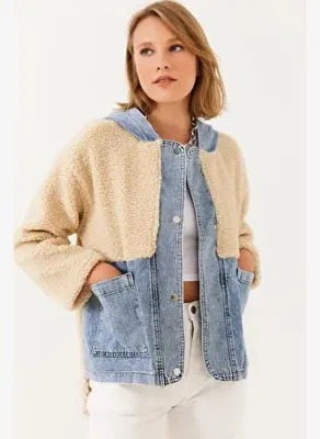 Shade Kadın Kapüşonlu Denim Detaylı Peluş Ceket 60251807 - Bej
