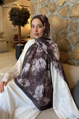 lamelif Vintage Flower Desen Bambu Şal Acı Kahverengi