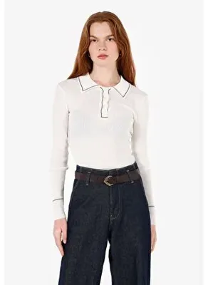 Colins Slim Fit Polo Yaka Düz Kadın Ekru Kazak Cl1072532