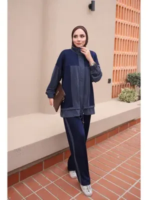 İmaj Butik Lacivert Fermuarlı Renk Bloklu Modal Tunik Pantolonlu Takım