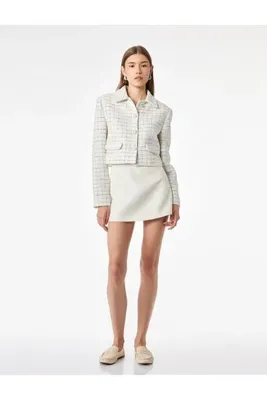 Koton Düğmeli Ekoseli Uzun Kollu Gömlek Yaka Crop Blazer Ceket