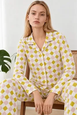 FİT WOMEN Kadın Desenli Gömlek Yaka Beyaz Pijama Takımı 4856