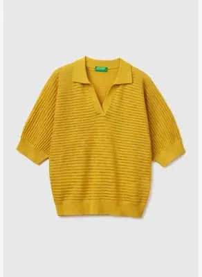 United Colors Of Benetton Kadın Sarı Pamuk Keten Karışımlı Dokulu Polo Yaka Kısa Kollu Kazak