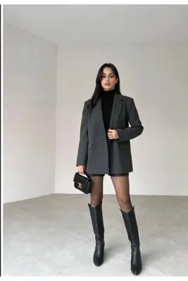 Genel Markalar Gri Oversize Tek Düğmeli Blazer Ceket