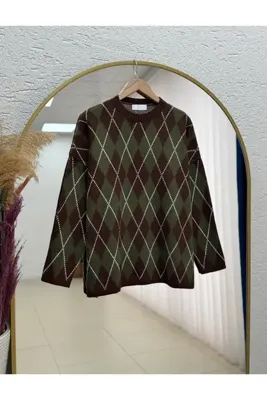 MİHRA STORE Adriana Baklava Desen Triko Kazak-Zİ5581 Haki