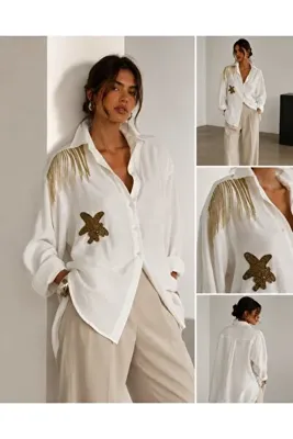 Yumey Taş,Bsn Aksesuarlı Şık Beyaz Gömlek