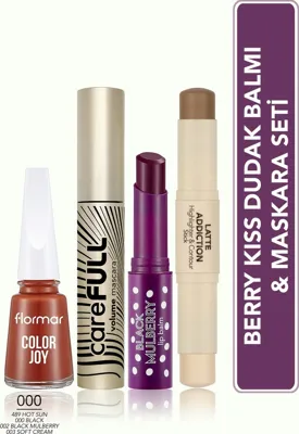 Flormar Berry Glow 4'lü Makyaj Seti - Karadut Balm, Carefull Maskara, Latte Highlighter, Oje SET327