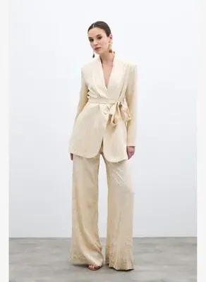 Sateen Yüksek Bel Desenli Pantolon - Taş