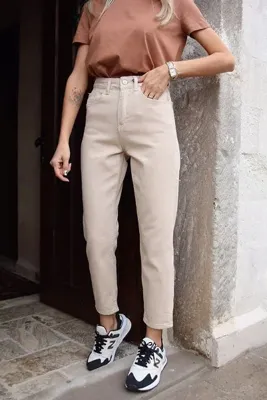 ByCukurovaFrango Yüksek Bel Bej Rengi Mom Jeans Likralı Esnek Kot Pantolon