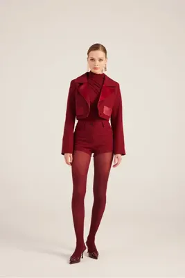 Holly Lolly Yakası Saten Detaylı Camila Crop Blazer Ceket Bordo