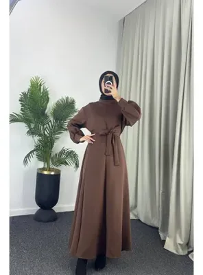Esre Store 4559 - Scuba Kumaş Tesettür Elbise Kahverengi̇