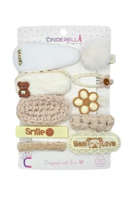Cinderella 10'lu Smile Love Kız Çocuk Pens Toka Seti Bej Beyaz - Çiçekli Ayıcıklı Peluş Örgü Çıtçıt Saç Tokası