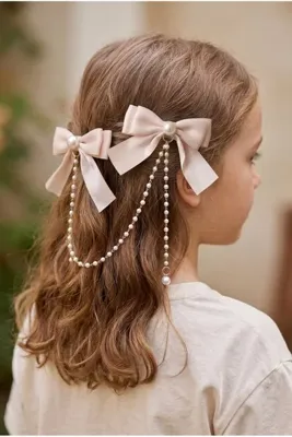Cinderella Accessories 2'li İncili Sallantılı Krem Fiyonk Pens Toka Seti - Zarif Kız Çocuk Kurdeleli Klipsli Saç Tokası