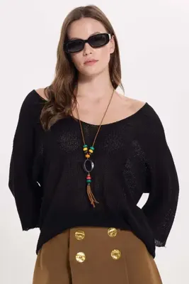 Tudors Kadın Oversize Geniş Kesim V Yaka Truvakar Kol Düşük Omuzlu Örme Siyah Triko Bluz