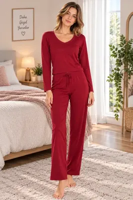 SERPİL Kadın Bordo V Yaka Uzun Kollu Pijama Takımı Rahat Kesim Ev Giyim Seti