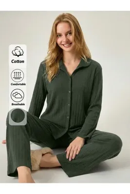 Mios Moda Haki Yumuşak Pamuklu Düğme Detaylı Uzun Pijama Takımı